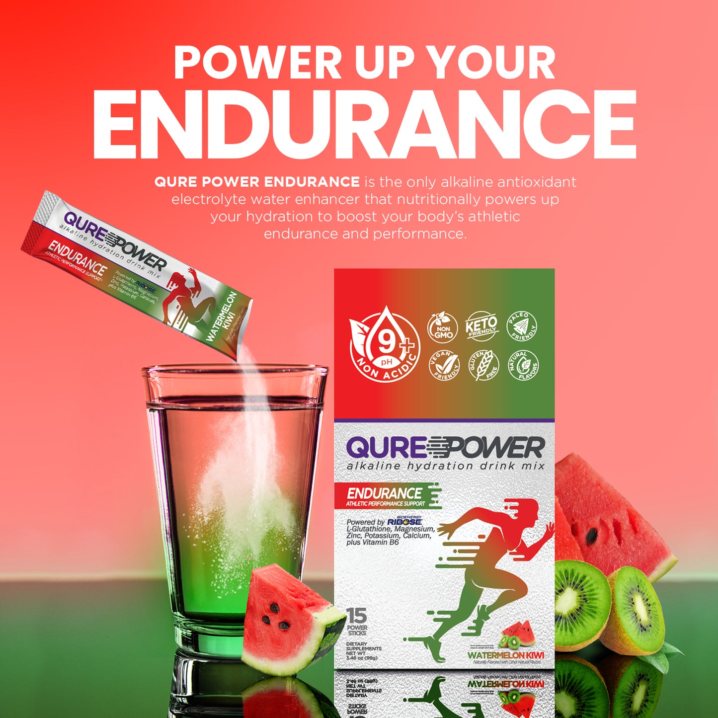 QURE Power Watermelon Kiwi Endurance Support Stick (15 Pack)
